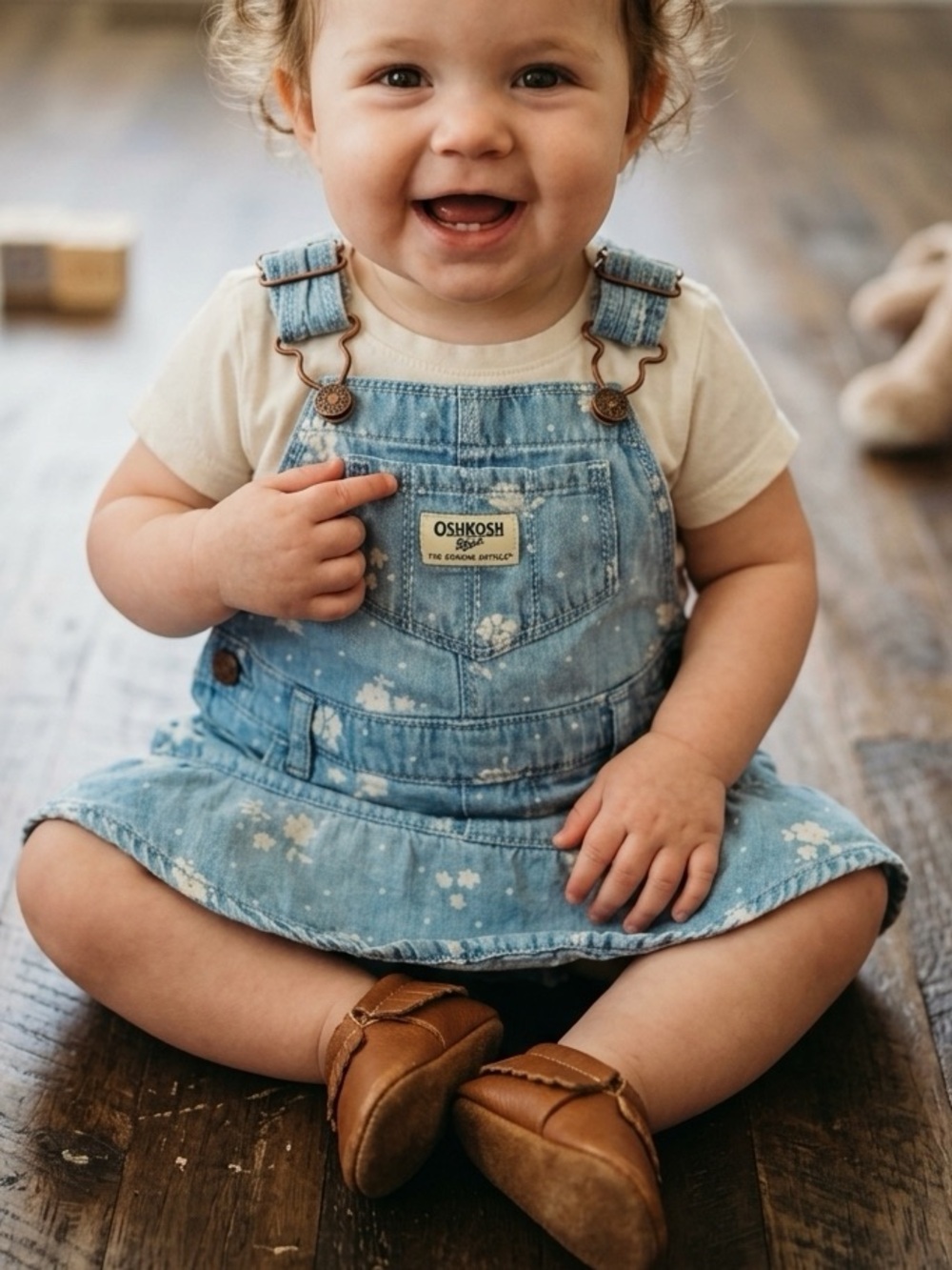 12M OshKosh Bgosh Denim Floral Polka Dot Baby Girl Overall Jumper Pinafore Dress